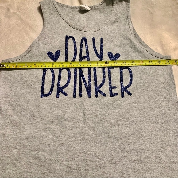 Graphic Tank Top Medium Grey “Day Drinker” Blue Glittery Print Alstyle Cotton - Picture 13 of 15